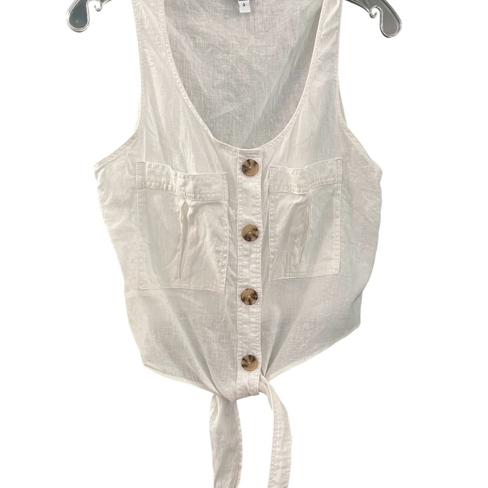 Express Linen & Cotton Cream Button-Down Tie-Front Tank Top